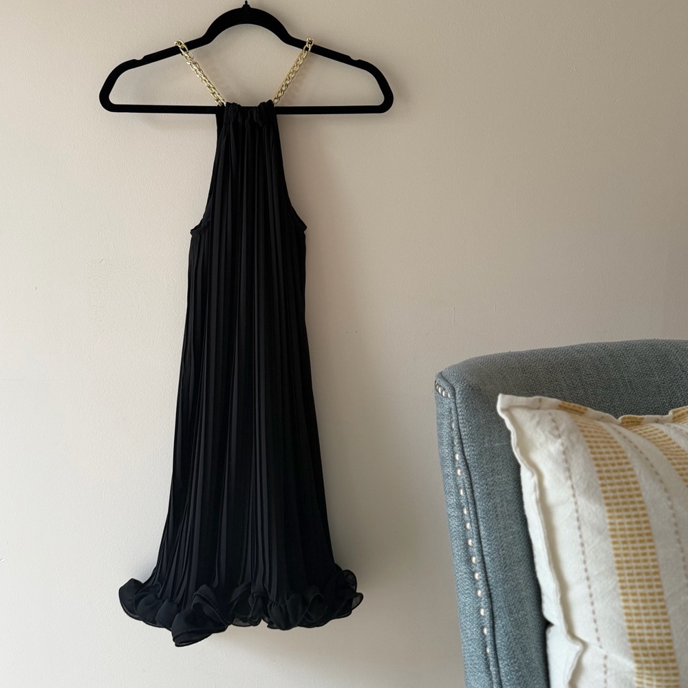 Rinascimento Made in Italy Pleated Gold Chain Halter Ruffled Mini Dress Small - Picture 2 of 5